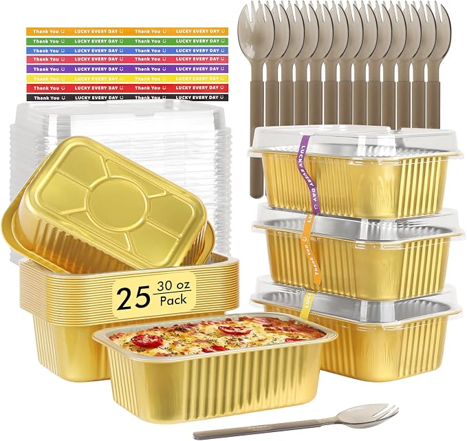 LNYZQUS 30oz Small Foil Pans with Lids 25 Pack, 7” x 5” Individual Baking Tins Deep Leftover Containers,Aluminum To Go Baked Food Containers Large Loaf Cake Pans Take Out Holders-Gold