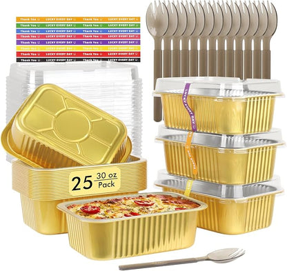 LNYZQUS 30oz Small Foil Pans with Lids 25 Pack, 7” x 5” Individual Baking Tins Deep Leftover Containers,Aluminum To Go Baked Food Containers Large Loaf Cake Pans Take Out Holders-Gold