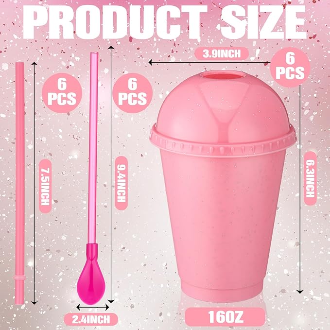 6 Set Slushie Cups with Dome Lids and Straws Detachable Spoon Straws Reusable Plastic Iced Coffee Cups Smoothie Tumbler for Birthdays Summer Party Supplies(Pastel Pink,16 oz)
