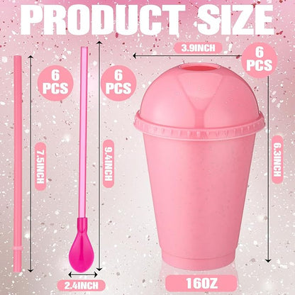 6 Set Slushie Cups with Dome Lids and Straws Detachable Spoon Straws Reusable Plastic Iced Coffee Cups Smoothie Tumbler for Birthdays Summer Party Supplies(Pastel Pink,16 oz)