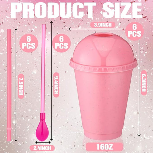 6 Set Slushie Cups with Dome Lids and Straws Detachable Spoon Straws Reusable Plastic Iced Coffee Cups Smoothie Tumbler for Birthdays Summer Party Supplies(Pastel Pink,16 oz)
