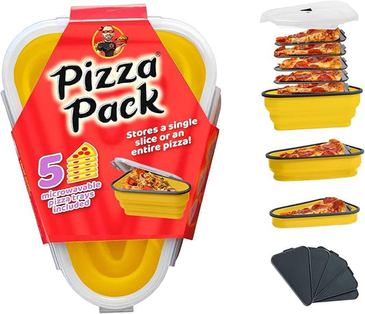 The Perfect Pizza Pack™ - Reusable Pizza Storage Container with 5 Microwavable Serving Trays - BPA-Free Adjustable Pizza Slice Container to Organize & Save Space, Yellow