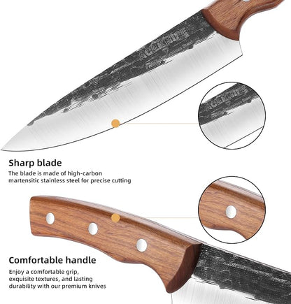 Chef Knife Set, 3 PCS Japanese Kitchen Butcher Knife Set, Serbian Chef Knives Meat Cleaver Viking Boning Knives, Professional Hand Forged Steel, for Home Outdoor Cooking Camping BBQ
