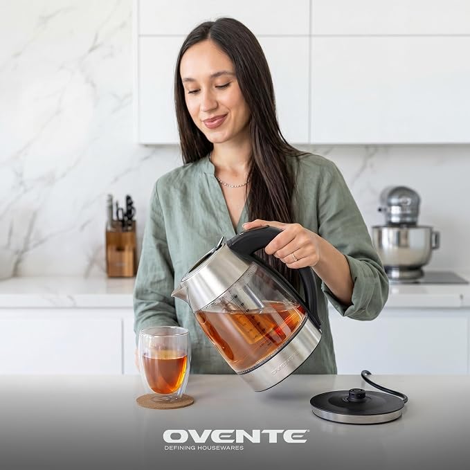 OVENTE Electric Tea Kettle with Temperature Control, Removable Tea Infuser, Easy to Fill Lid, Keep Warm Function, Auto Shut-Off, 1.7L Double Wall Borosilicate Glass, Stainless Steel Base, Silver KD68S