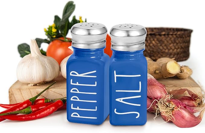 Blue Salt and Pepper Shakers Set by Brighter Barns - Cute Glass Shakers with Stainless Steel Lids - Modern Farmhouse Kitchen Decor and Accessories for Home, Restaurants, Hotel, Vacation Rental (Blue)