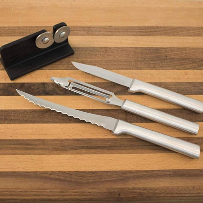 Rada Cutlery Peel, Pare & Slice Gift Set (S18) with Quick Edge Sharpener (R119), 3-piece Knife Set and Knife Sharpener, Stainless Steel Blades, Silver Handle