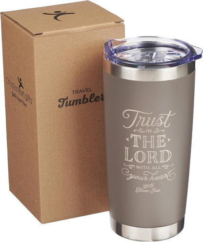 Christian Art Gifts Stainless Steel Double-Wall Vacuum Insulated Travel Mug 18 oz Gray Tumbler with Retractable Lid for Women and Men Bible Verse - Trust in the Lord - Proverbs 3:5