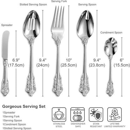 KEAWELL Gorgeous 5-Piece 18/10 Stainless Steel Hostess Serving Utensil Set, Dishwasher Safe (Silver)