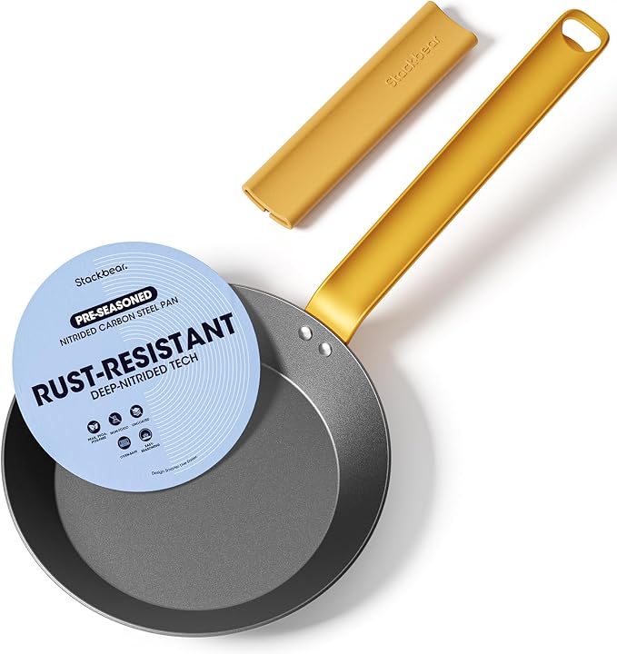 Carbon Steel Frying Pan 8 Inch, Nitrided Carbon Steel Breakfast Skillet, Preseasoned Rust Resistant Cookware, Induction & Oven Safe