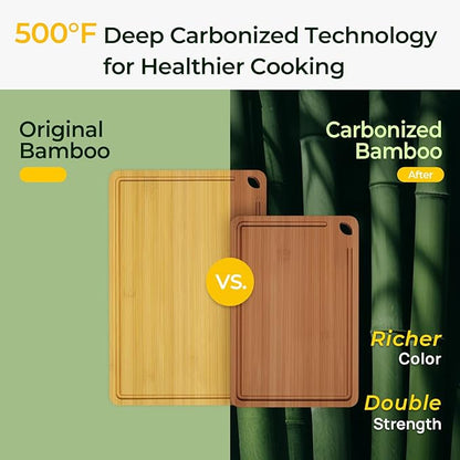 Keechee Butcher Block 2-Pcs Carbonized Bamboo Cutting Board Set With Juice Groove For Meal Prep & Cheese Serving - Ideal Kitchen Gift Set of 2 (M+L)