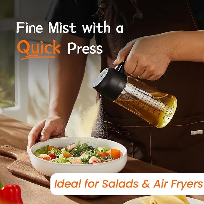 Person seasoning a salad with a pepper grinder, with text about its use for salads and air fryers.