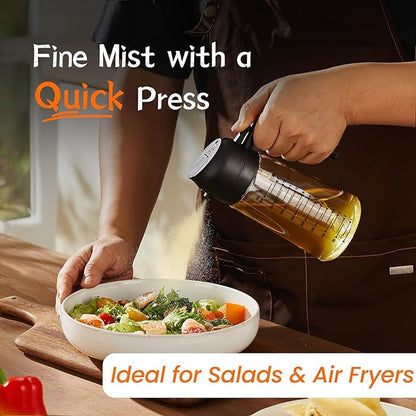 Person seasoning a salad with a pepper grinder, with text about its use for salads and air fryers.