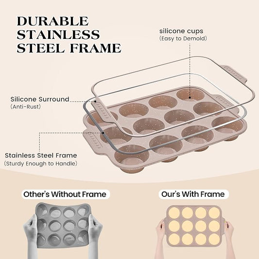 1 Pc Silicone Muffin Pans for Baking with Metal Reinforced Frame, Nonstick Cupcake Tray for Oven, 12 Cups Regular Size Silicone Molds for Egg Bites, Dishwasher Safe (Brown)
