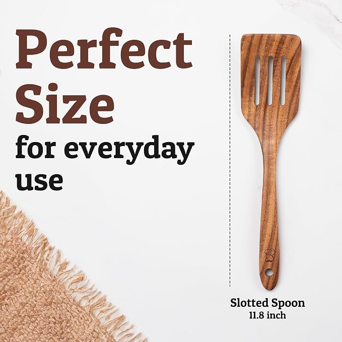 PriorityChef Teak Wooden Slotted Turner - Premium Wood Spatula for Cooking - Nonstick-Safe Kitchen Utensil - Handcrafted Wooden Turner for Flipping & Stirring
