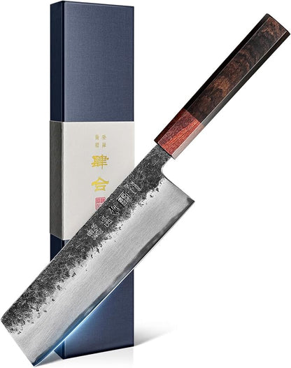 kanngou 7 inch Nakiri Knife Japanese Chef Knife, AUS-8 Alloy Steel Vegetable Japanese Cleaver with Red Sandalwood and Eboy Wood Handle, Chopping Knife with Premium Gift Box (WA Series)