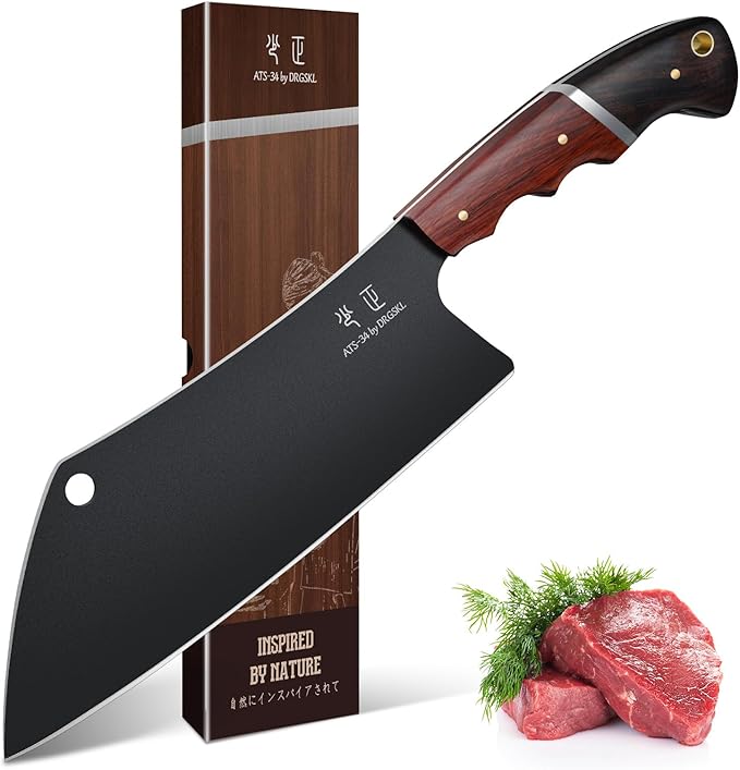 DRGSKL Meat Cleaver Knife 8inch - Black Butcher Knife for Meat Cutting, Japanese High Carbon Steel Vegetable Cleaver for Chopping, Kitchen Cooking Knife with Wooden Handle, Gift for Men