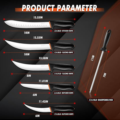 TIVOLI Butcher Knife Set 6pcs - Game Processing Knife Set with 7" Sharpener Rod - Non-Slip Softgrip & German Stainless Steel - Skinning Boning Trimming Poultry Knives for Meat Cutting - Gifts for Men