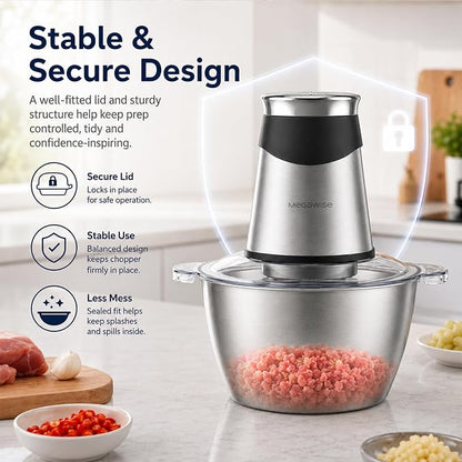 MEGAWISE Electric Food Chopper 800W, Dual-Speed Meat Grinder with1.2L 304# Stainless Steel Bowl & 2.2L Glass Bowl, BPA-Free Food Processor for Meat, Vegetables, and Nuts
