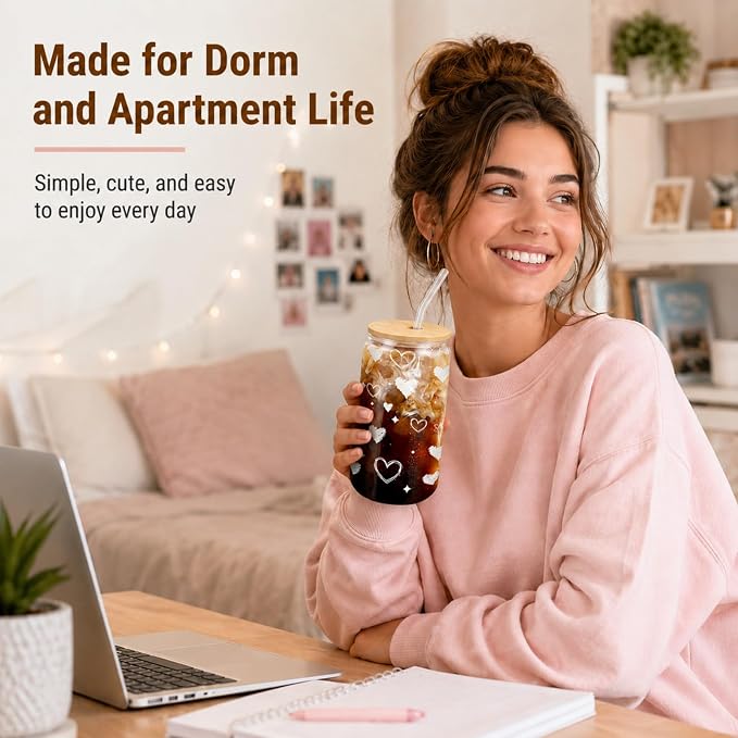 Glass Cup with Lid and Straw, 16 oz Cute Iced Coffee Cup with Heart Design, Bamboo Lid, Glass Straw and Brush for Desk, Dorm, Girlfriend or Best Friend