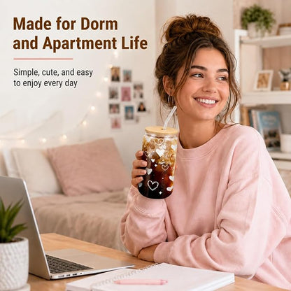 Glass Cup with Lid and Straw, 16 oz Cute Iced Coffee Cup with Heart Design, Bamboo Lid, Glass Straw and Brush for Desk, Dorm, Girlfriend or Best Friend