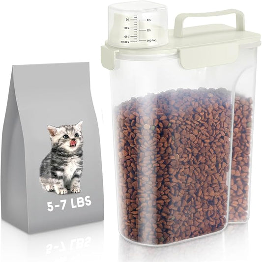 LEAWALK 5Lbs Dog Cat Storage Container Portable with Upgraded Large Spout and Cup, Plastic Pet Food Dispenser for Small Animal Kibble, Bird Seed, Oatmeal, Rice, Flour, Brown Sugart -Elegant White