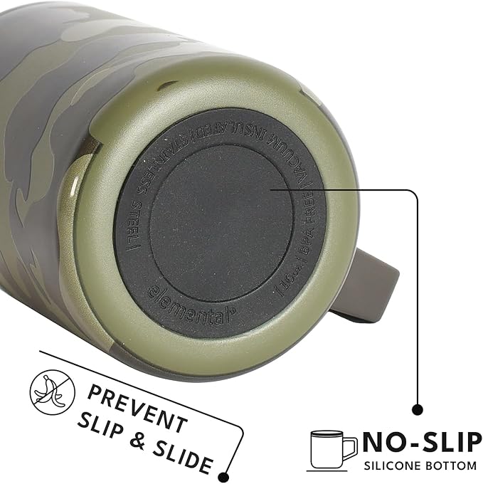 Elemental Insulated Coffee Mug - Triple-Wall Stainless Steel Summit Travel Cup for Hot and Cold Drinks - Thermal Coffee Mug with Lid and Handle for Camping, Office & Travel 16oz - Dark Green Camo