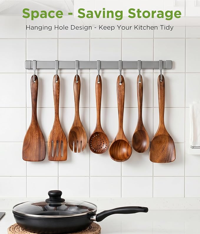Wooden Utensil Set - 8 Pcs Teak Wooden Spoons for Cooking, Non Toxic, Heat Resistant, Durable & Safe for Kitchen Nonstick Cookware