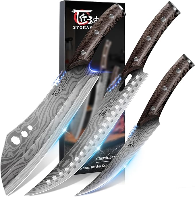 SYOKAMI Butcher Knife Set, 3 PCS Kitchen Knives Set for Cutting, Meat Cleaver Chef Knife Set, Japanese Style High Carbon Steel Knives Set, Chopping & Slicing & Boning for Home and BBQ, Ideal for Gift