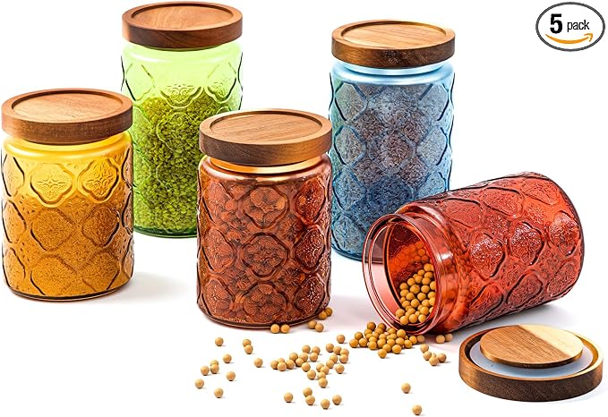 Outus 5 Pcs 23.7 oz, 33.8 oz Vintage Glass Jar with Lids Colored Glass Canisters Jars with Airtight Wooden Lids for Kitchen Counter Flour Sugar Cookie Coffee Tea Storage Containers