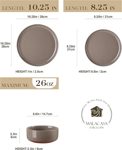 MALACASA Plates and Bowls Sets, 12 Pieces Modern Stoneware Dinnerware Set for 4 Kitchen Dinner Set Ceramic Dishware Dishes Set Microwave and Dishwasher Safe, Brown, Series TARA