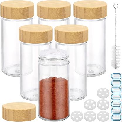 Segarty 3oz Spices Jars with Bamboo Shaker Lids, 6 Pack 90ml Round Spice Containers, Empty Glass Seasoning Organizers Spices Cereal Storage Set, Small Salt and Pepper Shakers, 7 Stickers and 1 Brush