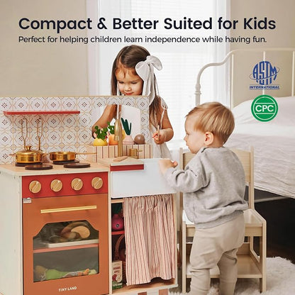 Tiny Land Play Kitchen for Toddlers, Wooden Kids Kitchen Playset with Cutting Food & Cookware, Oven, Clicking Knobs, Stove and Sink, Small Kitchen Toy Gift for Kids, Girls & Boys - Warm Retro