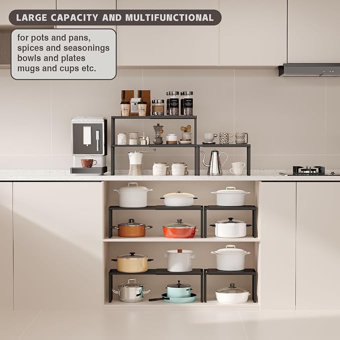 Magheo Expandable Cabinet Shelf Organizer, 1 Pack Stackable Kitchen Counter Shelf Riser, Metal Spice Rack Heavy Duty Countertop Organizer Storage for Kitchen, Pantry, Cupboard, Rv (8.7in Height,Black)