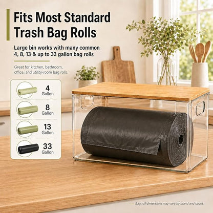 3 Pack Pantry Organizers and Storage Bins with Bamboo Lids,Trash Bag Holder | Stackable Containers for Potato,Onion,Fruit,Vegetable,Clear Dispenser for Kitchen Countertop,Cabinet and Under Sink