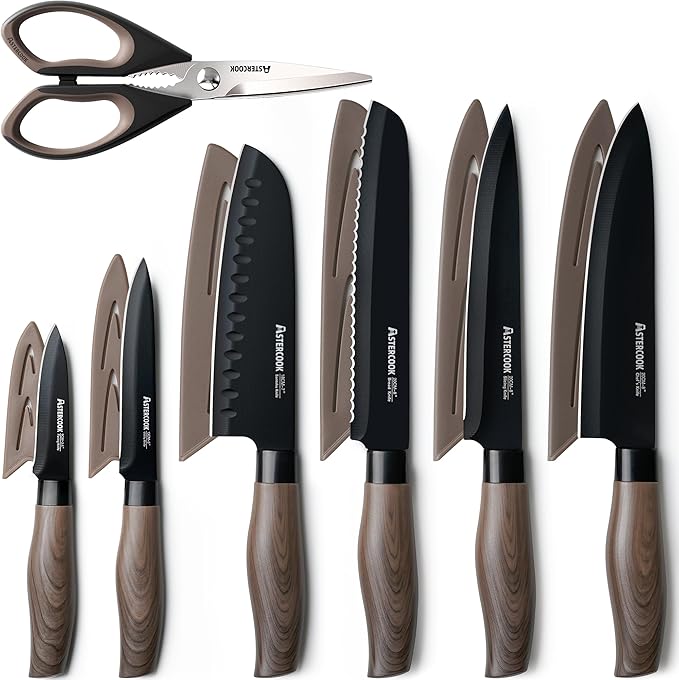 Astercook Knife Set, 13-Piece Kitchen Knives Set with 6 Blade Guards, Black Anti-Rust & Non-Stick Coating, Dishwasher Safe Stainless Steel Knives, Ergonomic Handle, Perfect for Holiday Gifts
