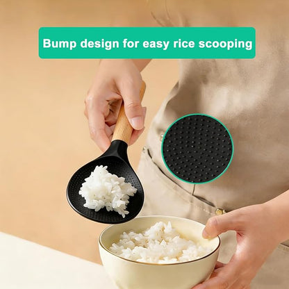Cooking Spoon 2-Pack: Multi-Function Wood Handle Silicone Spatula Spoon & Rice Scooper for Nonstick Cookware - BPA-Free Heat-Resistant Kitchen Utensils Set for Mixing, Serving, Scooping, Scraping