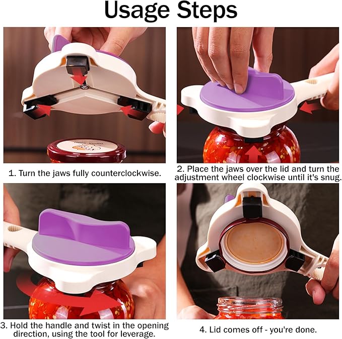 Adjustable Jar Opener for Weak Hands, 4-in-1 Multi-Function Manual Bottle Opener and Corkscrew Set for Seniors with Arthritis, Universal Lid Gripper Kitchen Gadget for All Jar Sizes(purple)
