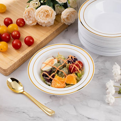 Goodluck 300 Pack Plastic Bowls with Gold Rim, 12oz Disposable Soup Bowls, Heavy Duty Dessert Bowls for Weddings, Parties, Dinners, Catering, Thanksgiving and Everyday Use