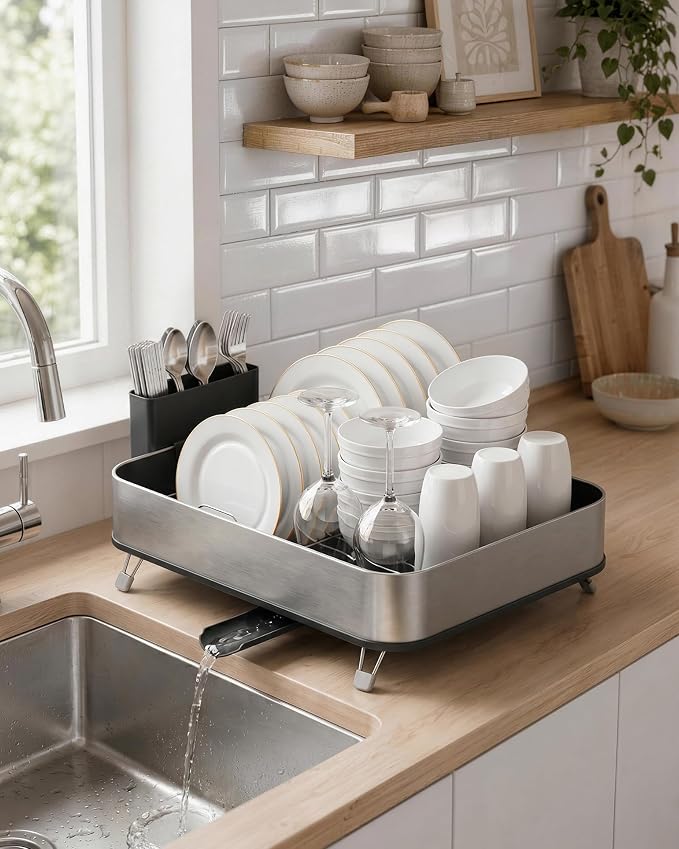 Kitsure Dish Drying Rack - Stainless Steel Dish Rack with Cutlery Holder, Rust-Resistant Wrapped Edges, Space-Saving Dish Racks for Kitchen Counter, 16.1" x 12.7" x 4.6", Black