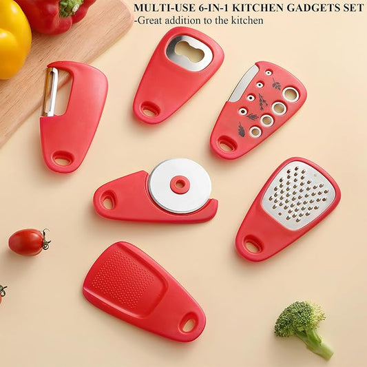 Kitchen Gadgets Set 6 Pieces, Space Saving Cooking Tools Kitchen Accessories-Garlic Grinder, Cheese Grater, Vegetable Peeler, Pizza Cutter, Herb Stripper, Bottle Opener, Gadgets Gift Set (Red)