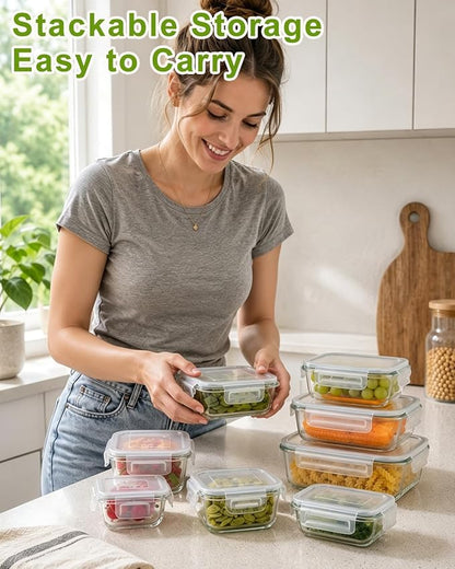 Glass Food Storage Containers with Airtight Lids, 12/8 Piece Set, Leak Proof Bento Boxes, Includes Measuring Spoons (8, GREY)