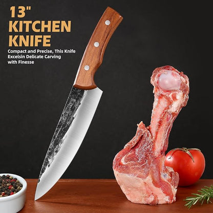 Chef Knife Set, 4 PCS Japanese Kitchen Butcher Knife Set, Serbian Chef Knives Meat Cleaver Viking Boning Knives, Professional Hand Forged, for Home Outdoor Cooking Camping BBQ