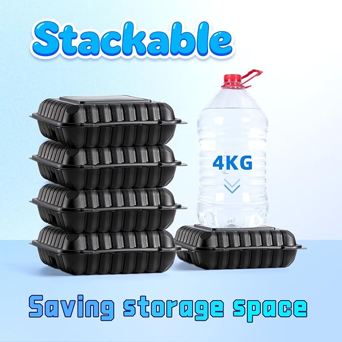 YANGRUI 65-Pack 30oz Black Takeout Containers - Shrink Wrapped No Pre-Wash | 3-Compartment Heavy Duty Mineral Filled PP, Microwave & Freezer Safe | Leak-Resistant Clamshell for Leftovers & Meal Prep