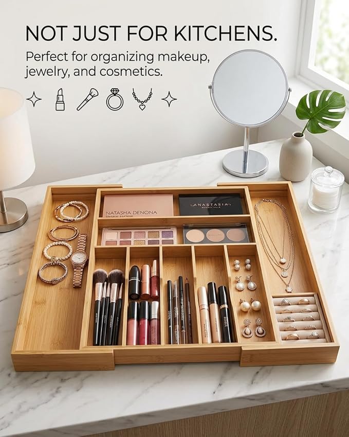 Expandable Bamboo Silverware Drawer Organizer, 5-7 Compartments | Expands to Fit Most Drawers, 5-7 Compartments, Dual-Zone Storage for Flatware and Large Utensils