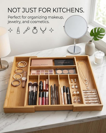 Expandable Bamboo Silverware Drawer Organizer, 5-7 Compartments | Expands to Fit Most Drawers, 5-7 Compartments, Dual-Zone Storage for Flatware and Large Utensils
