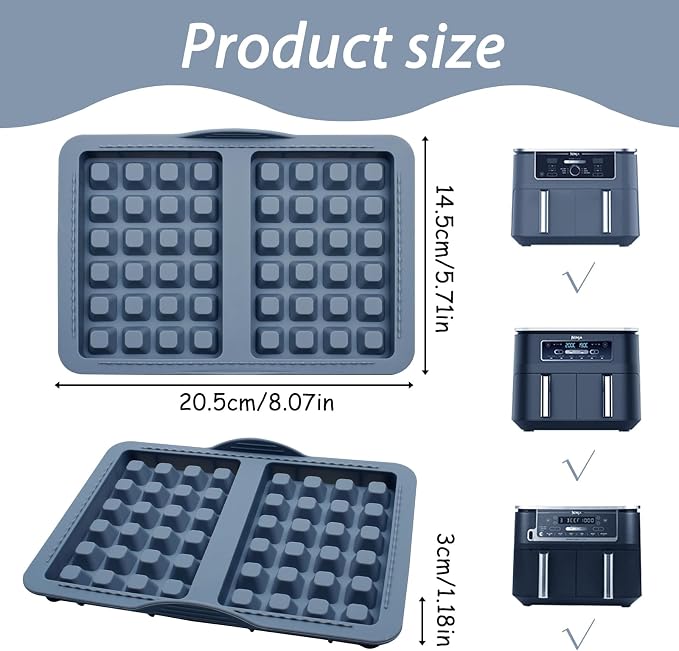 Silicone Belgian Waffle Mold, 2-Cavity Non-Stick Air Fryer Muffin Pan for Baking, Gray