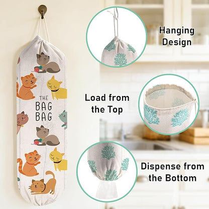 2Pcs Cat Plastic Bag Holder for Kitchen Essentials, Reusable Hanging Grocery Bag Organizer, Washable Large Grocery Trash Bags Storage Dispenser