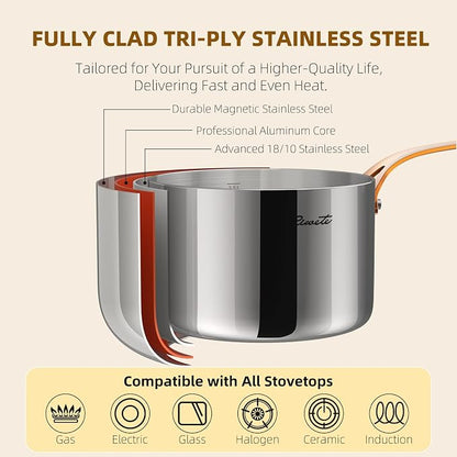 Ciwete 3 Quart Sauce Pan with Lid, Upgraded Tri-Ply Stainless Steel Saucepan with Mirror Polishing and 2 Scales, Induction Ready Cooking Pot with Stay-Cool Brass Handle, Dishwasher & Oven Safe