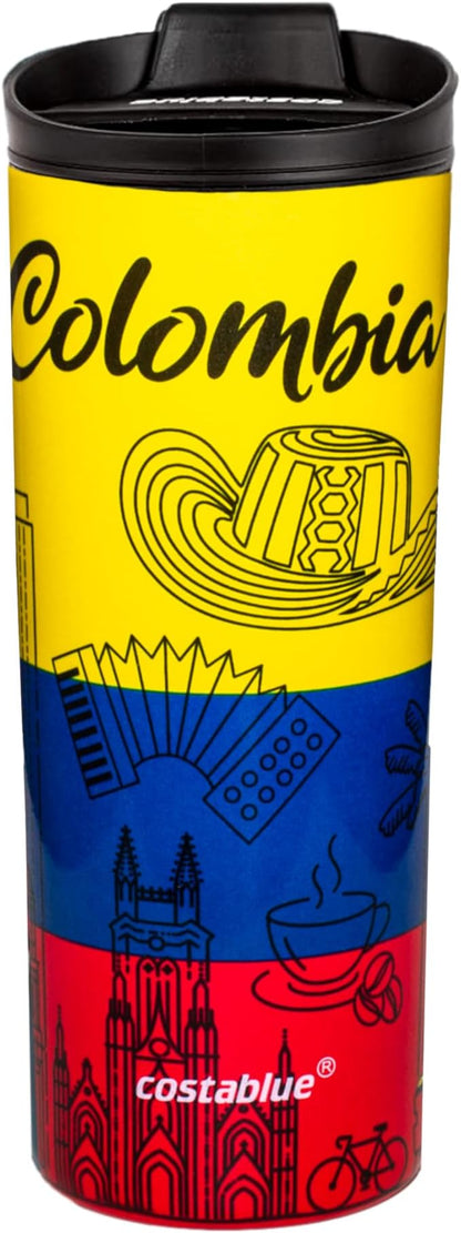 Colombia Vacuum Insulated Stainless Steel Thermal Travel Mug, 16 oz, Easy Clean, Flip leak Proof Lid Colombian Flag with Icons from Colombia…