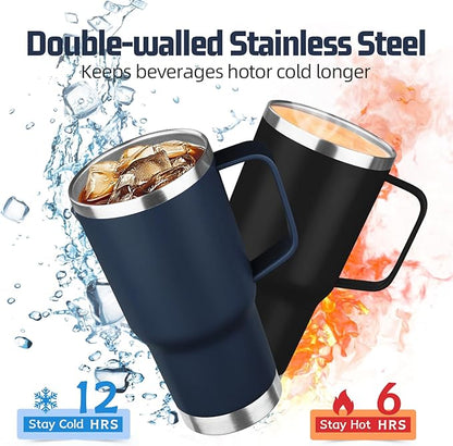 20 oz Tumbler with Handle Stainless Steel Insulated Coffee Mug Tumbler with Lid and Straw Double Wall Vacuum Insulated Coffee Mug Leak Proof Travel Mug Tumbler for Hot and Cold Drink (Navy Blue,4pack)